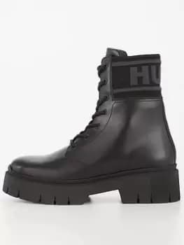 HUGO Kris Leather Lace Up Boots - Black, Size 39, Women