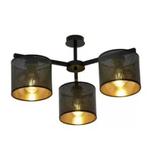 Jordan Black Multi Arm Semi Flush Ceiling light with Black, Gold Fabric Shades, 3x E27