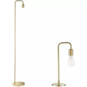Loops - Standing Floor & Table Lamp Set Brushed Brass Industrial Curved Arm Slim Light