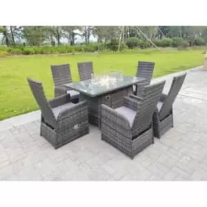 Fimous 6 Seater Outdoor Dark Grey Rattan Lounge Complete Dining Table Set with Gas Fire Pit Dining Table