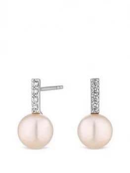 Simply Silver Sterling Silver White Freshwater Pearl With Cubic Zirconia Crystals Bar Drop Earrings