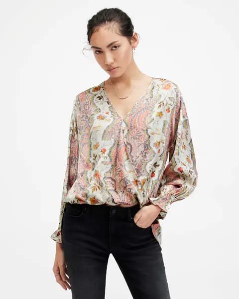 AllSaints Penny Wrap Over Paisley Print Shirt