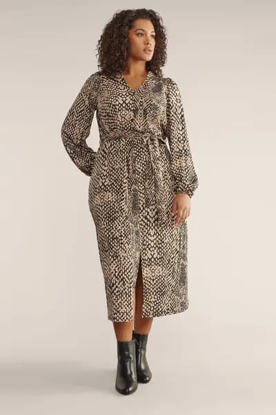 Evans Snake Print Tie Waist Midi Dress Brown