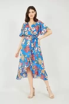 Blue Bouquet Wrap Front Midi Dress