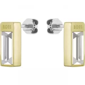 Ladies BOSS Clia Light Yellow Gold IP Crystal Baguette Earrings