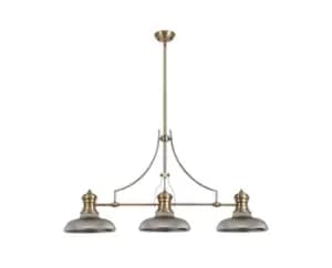 3 Light Telescopic Ceiling Pendant E27 With 30cm Round Glass Shade, Antique Brass, Smoked