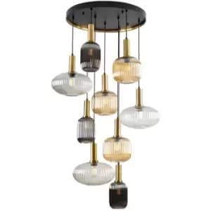 Schuller Norma 9 Light Cluster Pendant Ceiling Light Black, Brass, 3 Crystal Tones, E27