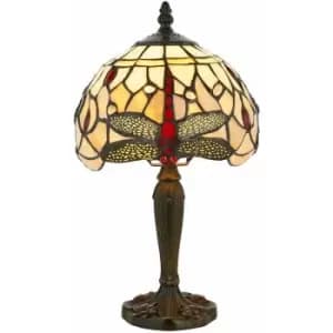 Tiffany Glass Table Lamp Light Dark Bronze & Cream Red Dragonfly Shade i00190