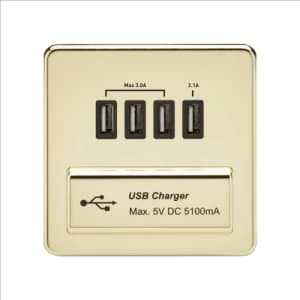 KnightsBridge 1G Screwless Polished Brass Quad USB 5V Charger Outlet - Black Insert