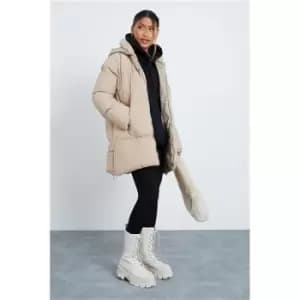 I Saw It First Stone Premium Oversized Hooded Padded Coat With Drawstring Detail - Brown