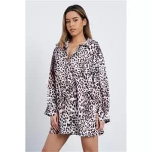 I Saw It First Nude Leopard Print Oversized Shirt Dress - Brown