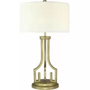 Table Lamp Grecian Key Motif Ivory Whie Linen ShadeDistressed Gold LED E27 100W