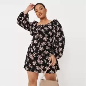 Missguided Plus Balloon Sleeve Floral Mini Dress - Black