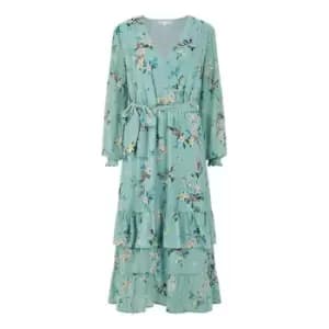 Yumi Green Botanical Bird Print Gyspy Dress - Green