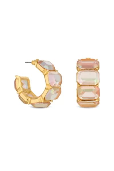 Recycled Gold Crystal Aurora Borealis Emerald Cut Stone Hoop Earrings