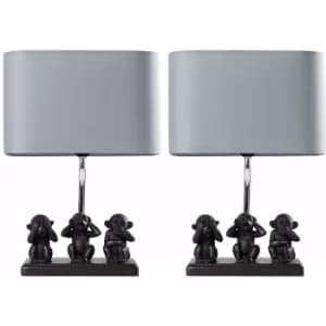 2 x Black Three Wise Monkeys Table Lamps Grey Shade - No Bulb