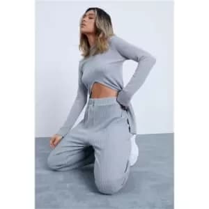 I Saw It First Light Grey Brushed Rib Dip Hem Crop Top And Wide Leg Trouser Set - Grey