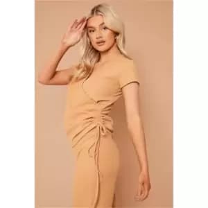 I Saw It First Sand Petite Short Sleeve Ruched Side Top - Brown