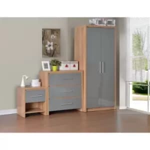Seconique Seville Grey Gloss & Oak 3 Piece Bedroom Set Wardrobe, Drawers & Bedside Cabinet