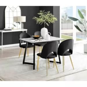 Furniture Box Carson White Marble Effect Dining Table and 4 Black Arlon Gold Leg Chairs