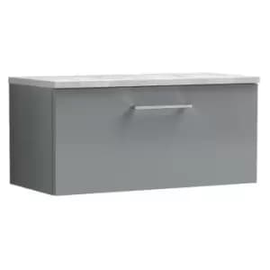 Arno Gloss Cloud Grey 800mm Wall Hung Single Drawer Vanity Unit with Bellato Grey Laminate Worktop - ARN1325LBG - Cloud Grey - Nuie