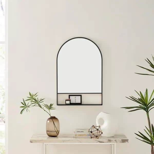 FurnitureboxUK Dara Metal Arch Minimalist Framed Wall Mirror with Shelf Black