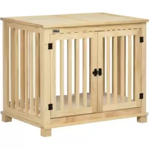 Wooden Dog Crate End Table w/ Soft Washable Cushion, for Medium Dogs - Natural wood finish - Pawhut