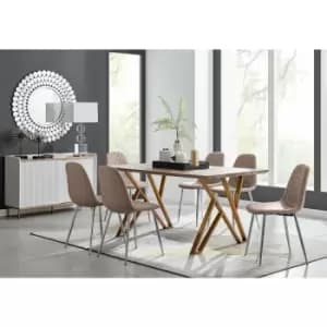 Taranto Oak Effect Dining Table and 6 Cappuccino Corona Faux Leather Dining Chairs with Silver Legs Diamond Stitch - Cappuccino