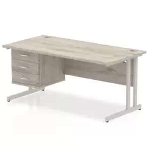 Impulse 1600 Rectangle Silver Cant Leg Desk Grey Oak 1 x 3 Drawer Fixed Ped