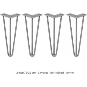 4 x Hairpin Leg - 12 - Unfinished - 3 Prong - 10m - Metallic