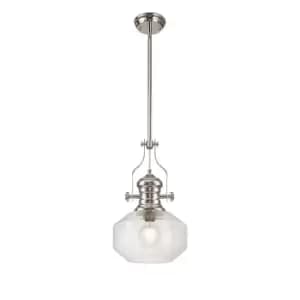 Worcester Single Ceiling Pendant, E27, Round Champfered Glass, Polished Nickel, Clear