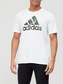 adidas Camo Badge Of Sport T-Shirt - White/Khaki, White/Khaki, Size L, Men
