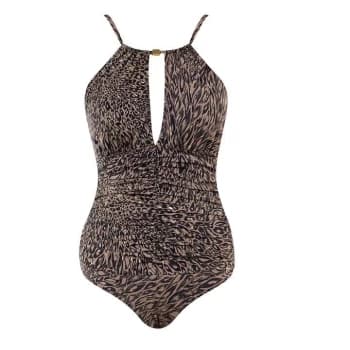 Seaspray Ava Animal Print High Neck Plunge Swimsuit - Brown/Gold