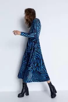 Zebra Print Velvet Funnel Neck Midi Dress