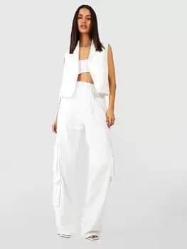 Boohoo Loose Fit Denim Cargo Trouser - Off White, Size 12, Women
