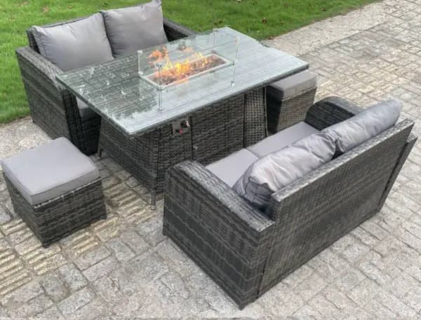 Fimous 4 Seater Outdoor Dark Grey Rattan Lounge Complete Sofa Set with Gas Fire Pit Table and 2 Stools