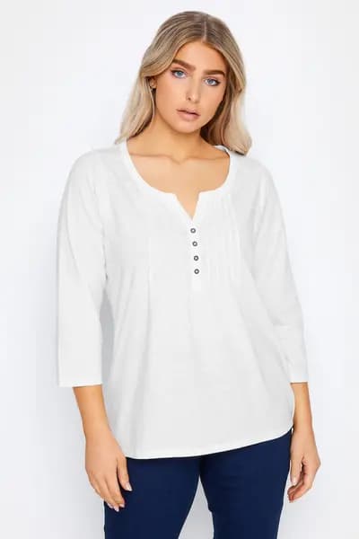M&Co Cotton Pleated Henley Top White