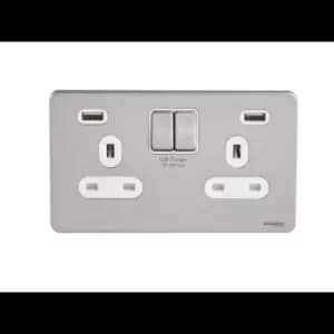 Schneider USFP 2G Switched Socket Double Pole 2x USB 4A White Insert Stainless Steel - GGBGU3424DWSS