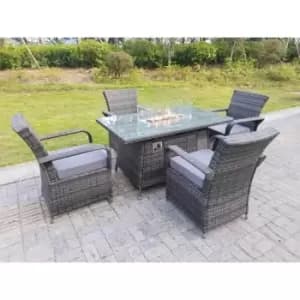 Fimous 4 Seater Outdoor Dark Grey Rattan Lounge Complete Dining Table Set with Gas Fire Pit Dining Table and Gas Heater