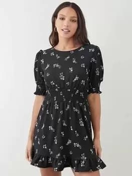 Dorothy Perkins Ditsy Floral Shirred Waist Mini Dress - Black, Size 12, Women