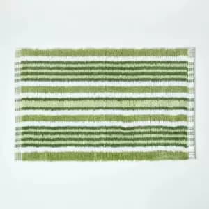 Handloomed Striped Cotton Green Bath Mat - Green - Green - Green - Homescapes