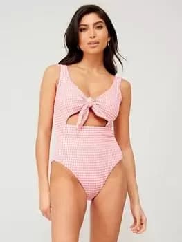 PIECES Pieces Gingham Tie Front Swimsuit - Pink, Size S, Women