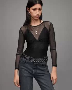 AllSaints Womens Nyla Lace Bodysuit, Black, Size: 16