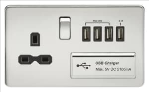 KnightsBridge 13A 2G Screwless Polished Chrome 1G Switched Socket with Quad 5V USB Charger Ports - Black Insert