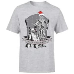 Star Wars Christmas Happy Holidays Droids Grey T-Shirt - L