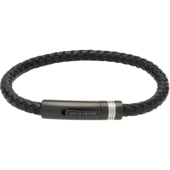 Unique & Co. Black Leather Bracelet with Steel Clasp with Black IP Plating
