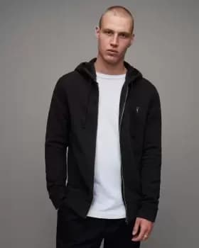 AllSaints Mens Cotton Slim Fit Raven Zip Hoodie, Black, Size: XXL