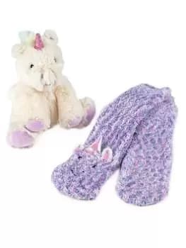 TOTES Unicorn Plush And Super Soft Slipper Box Set - Green, Cream