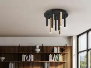 Varas Dimmable Ceiling 9 Light Cluster Drop, Gold, Matt Black, Dimmable, Remote Control, 3000K