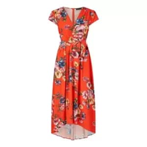 Mela London Orange Floral Wrap Dip Hem Dress - Orange